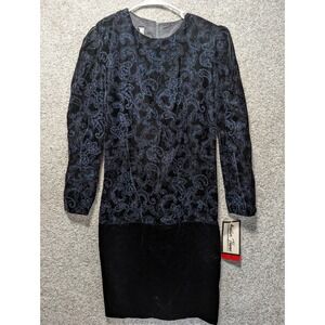 VTG NWT Another Thyme Black Velvet Purple Green Glitter Long Sleeve Midi Dress